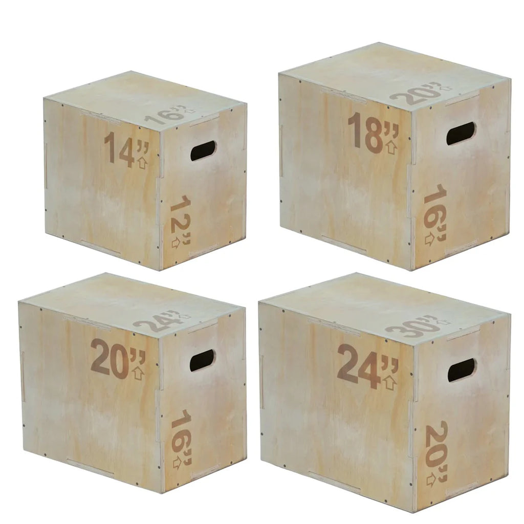 Set of four wooden exercise boxes with varying sizes on a white background