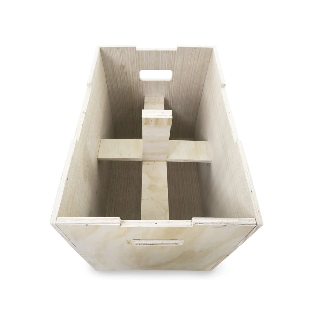 Wooden storage box with compartments on a white background