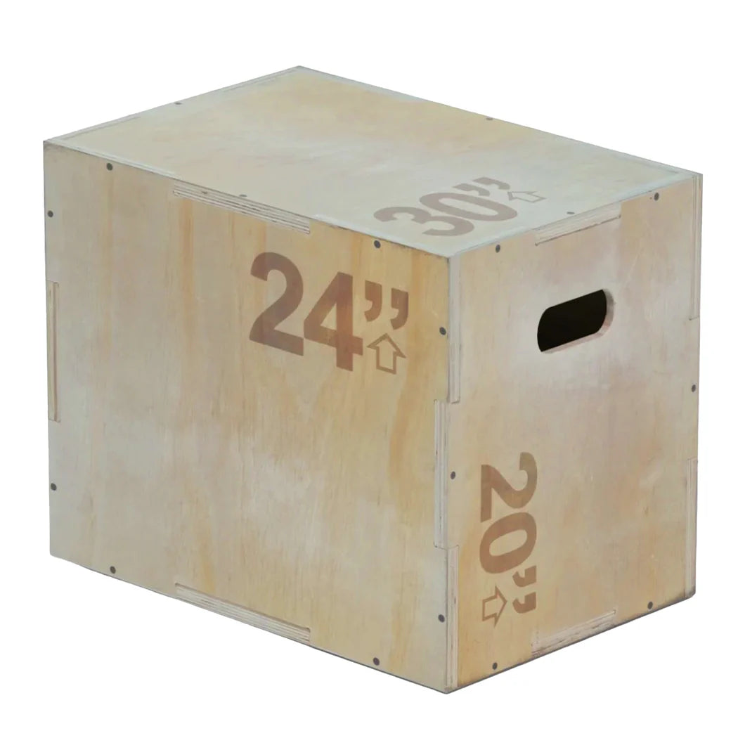 Wooden plyometric box with measurements on a white background