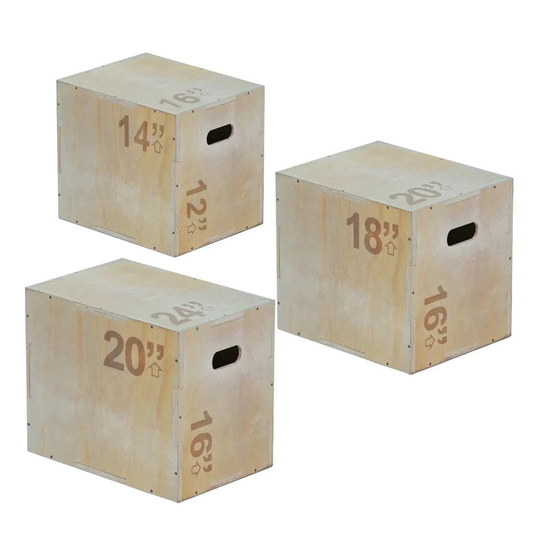 Three wooden exercise boxes with height measurements on a white background