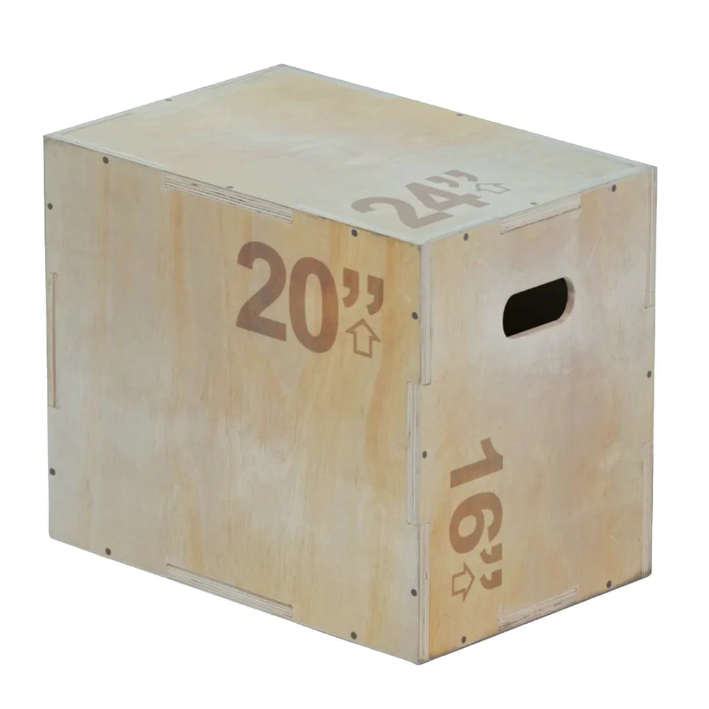 Wooden exercise box with measurements on a white background