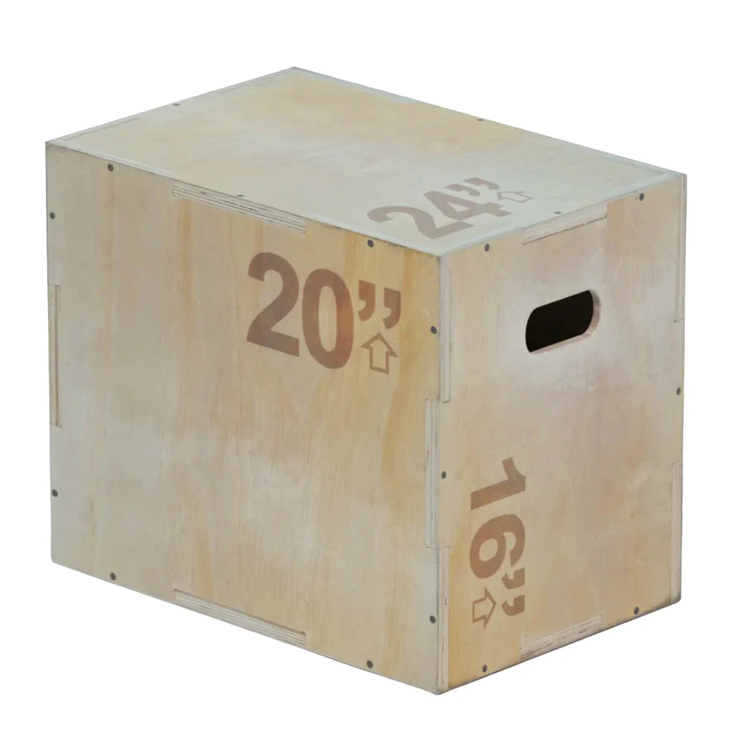 Wooden exercise box with measurements on a white background