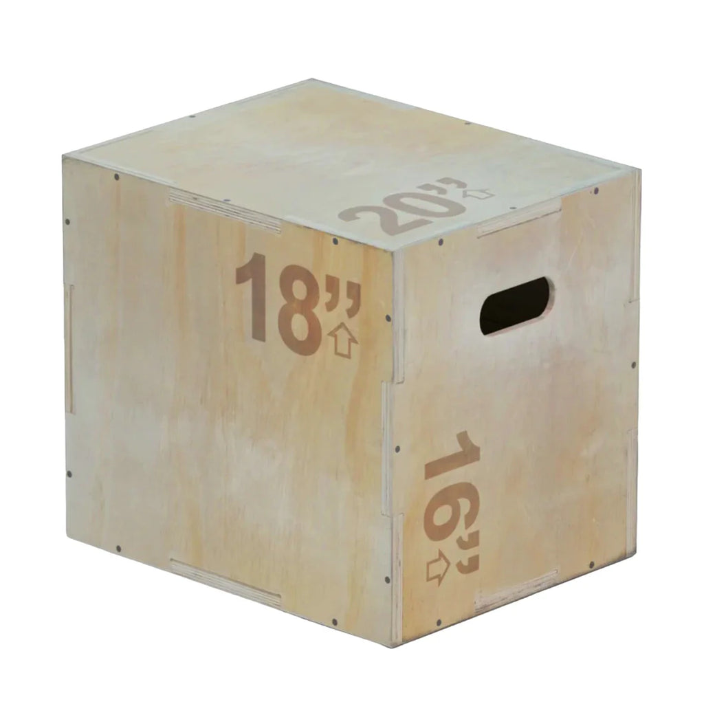 Wooden exercise box with measurements on a white background