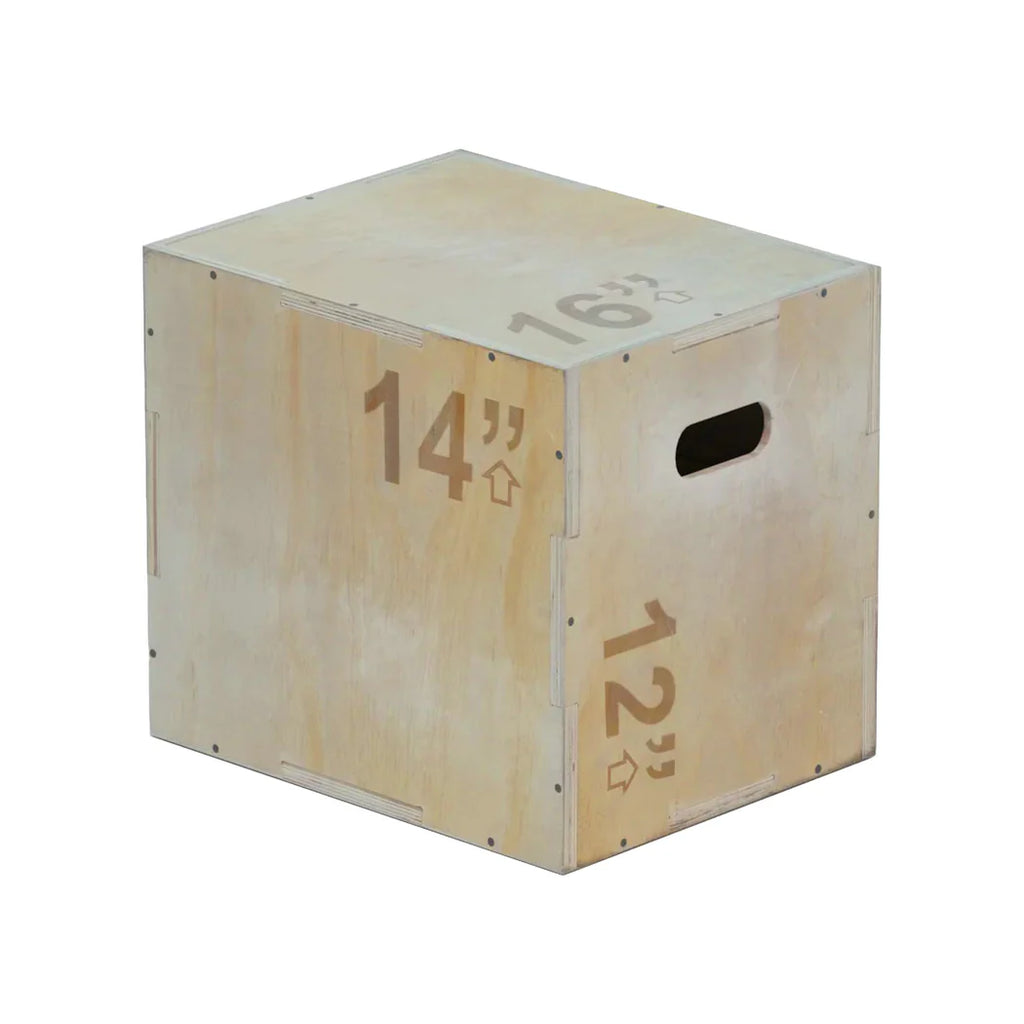 Wooden exercise box with measurements on a white background