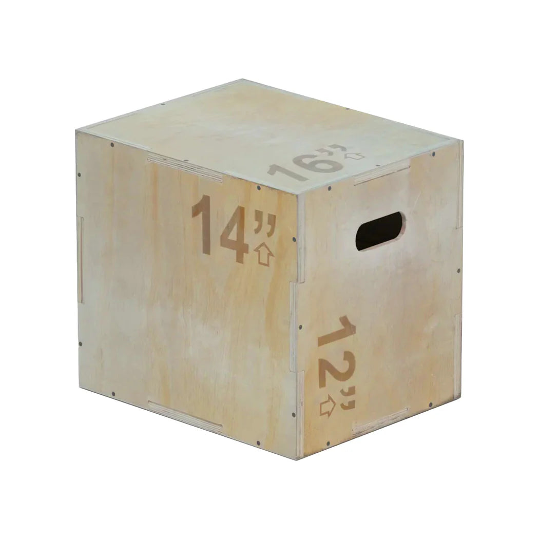 Wooden exercise box with measurements on a white background