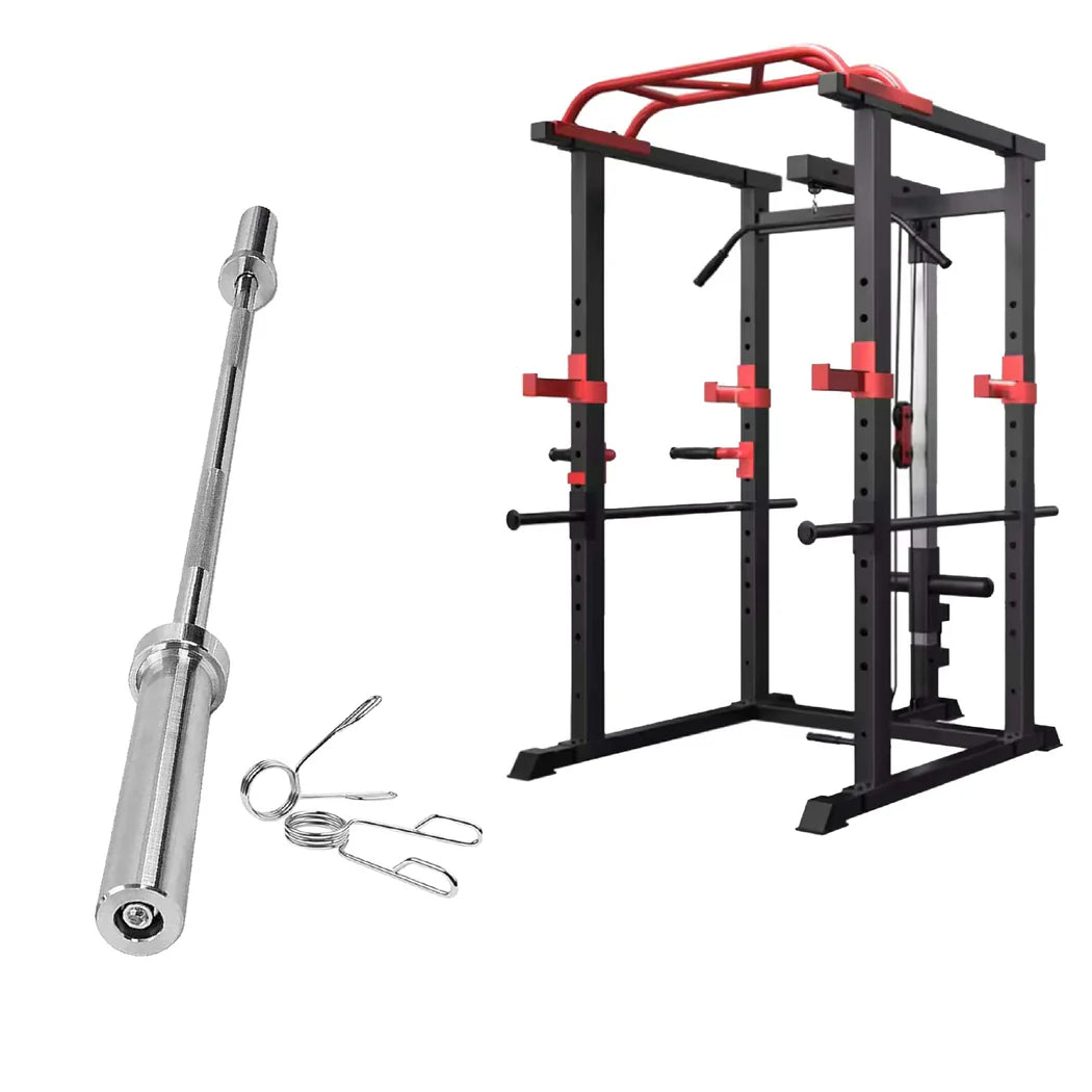 Gym power rack with barbell and attachments on a white background