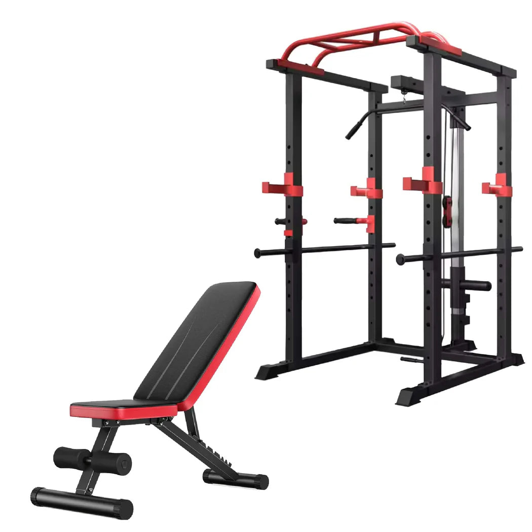 Black and red weight bench and gym rack on a white background