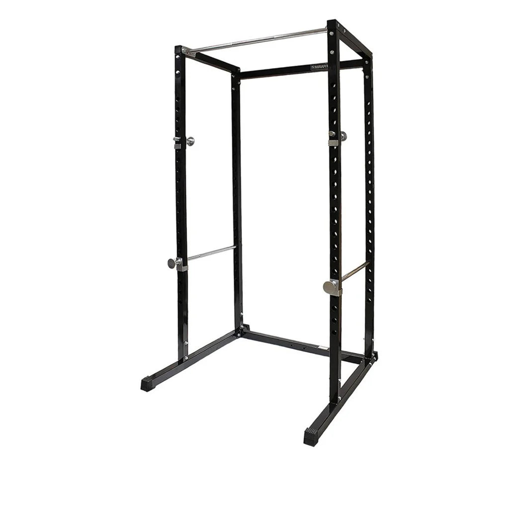 Black metal power rack on a white background
