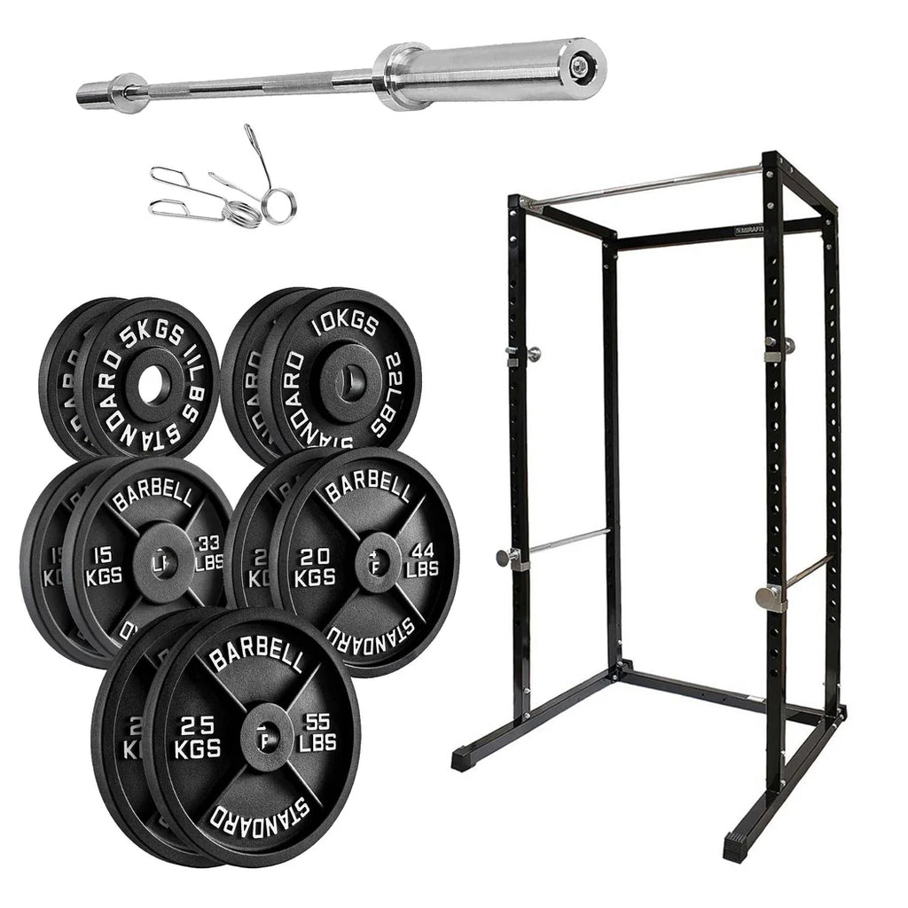 Barbell with weight plates and a power rack on a white background