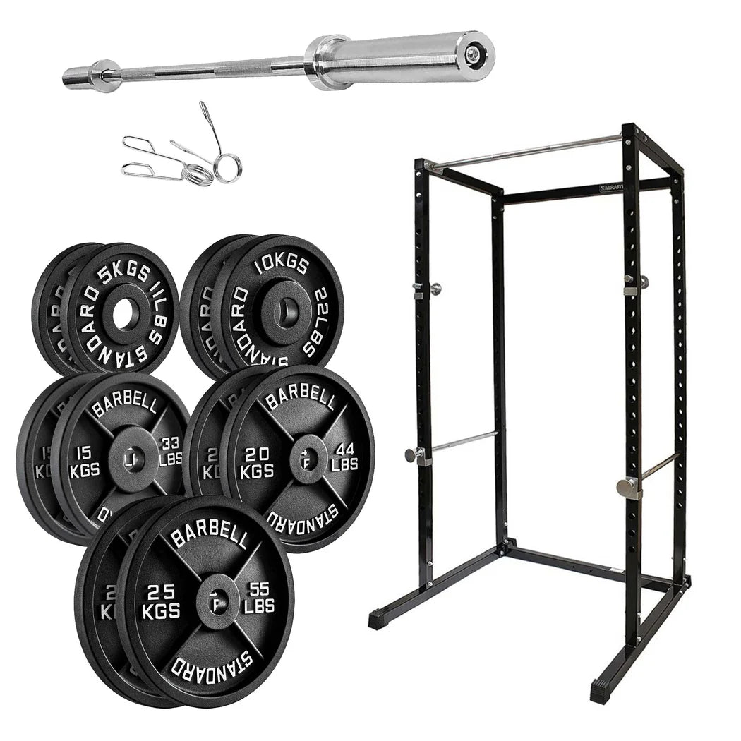 Barbell with weight plates and a power rack on a white background
