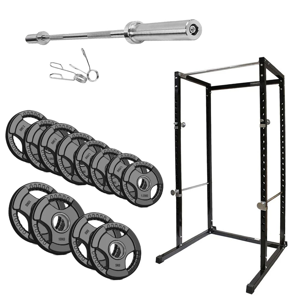 Weightlifting equipment including a barbell, weight plates, and a power rack on a white background.