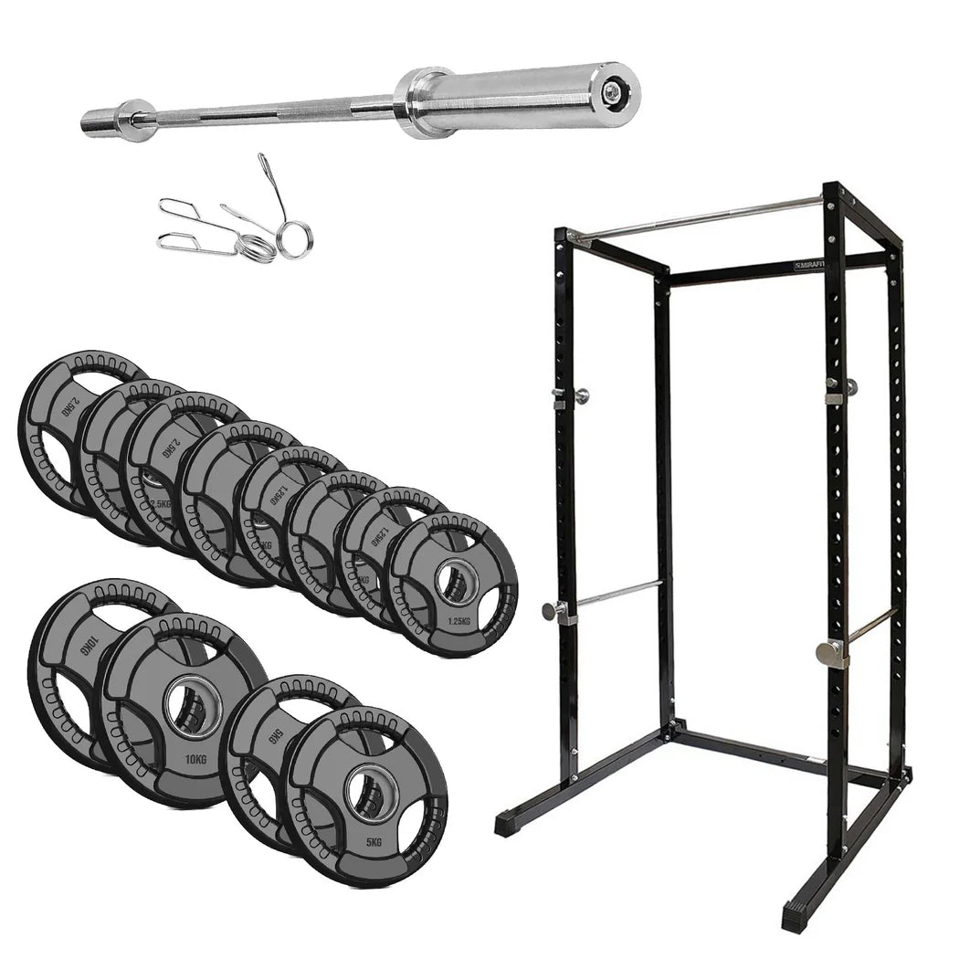 Weightlifting equipment including a barbell, weight plates, and a power rack on a white background.