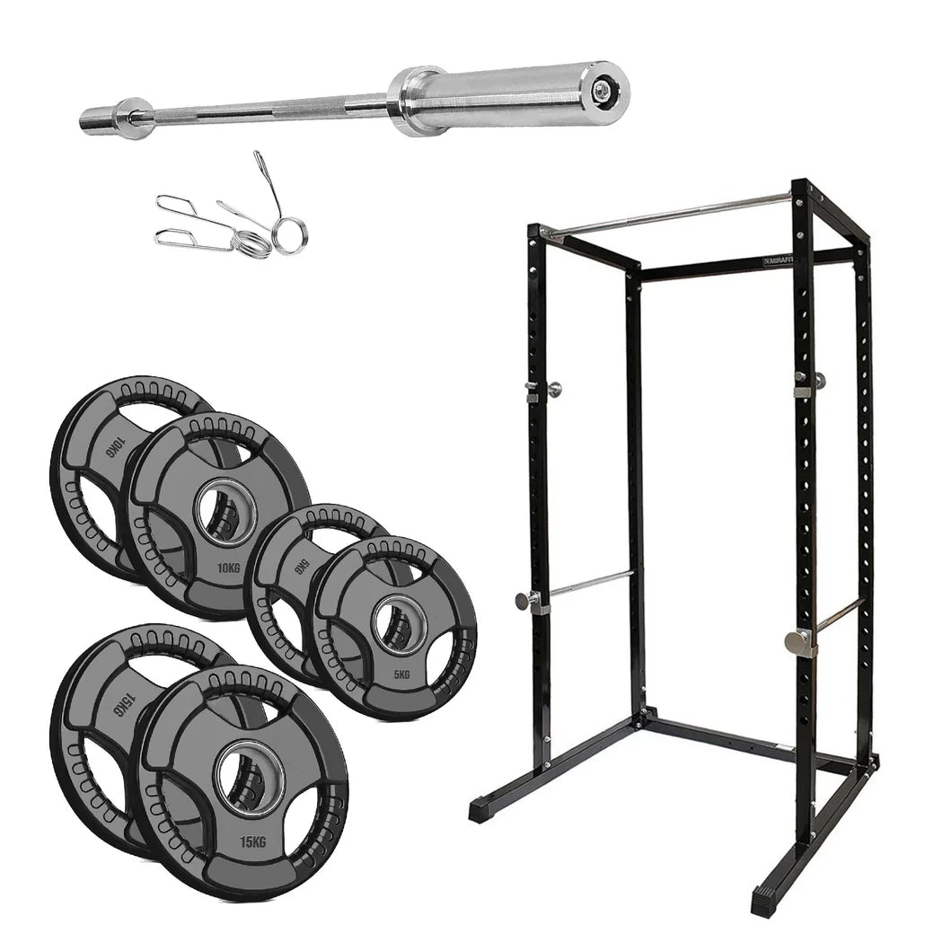 Gym equipment set including a barbell, weight plates, and a power rack on a white background.