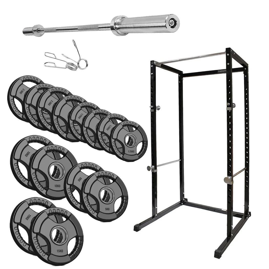 Weightlifting set with barbell, weight plates, and rack on a white background