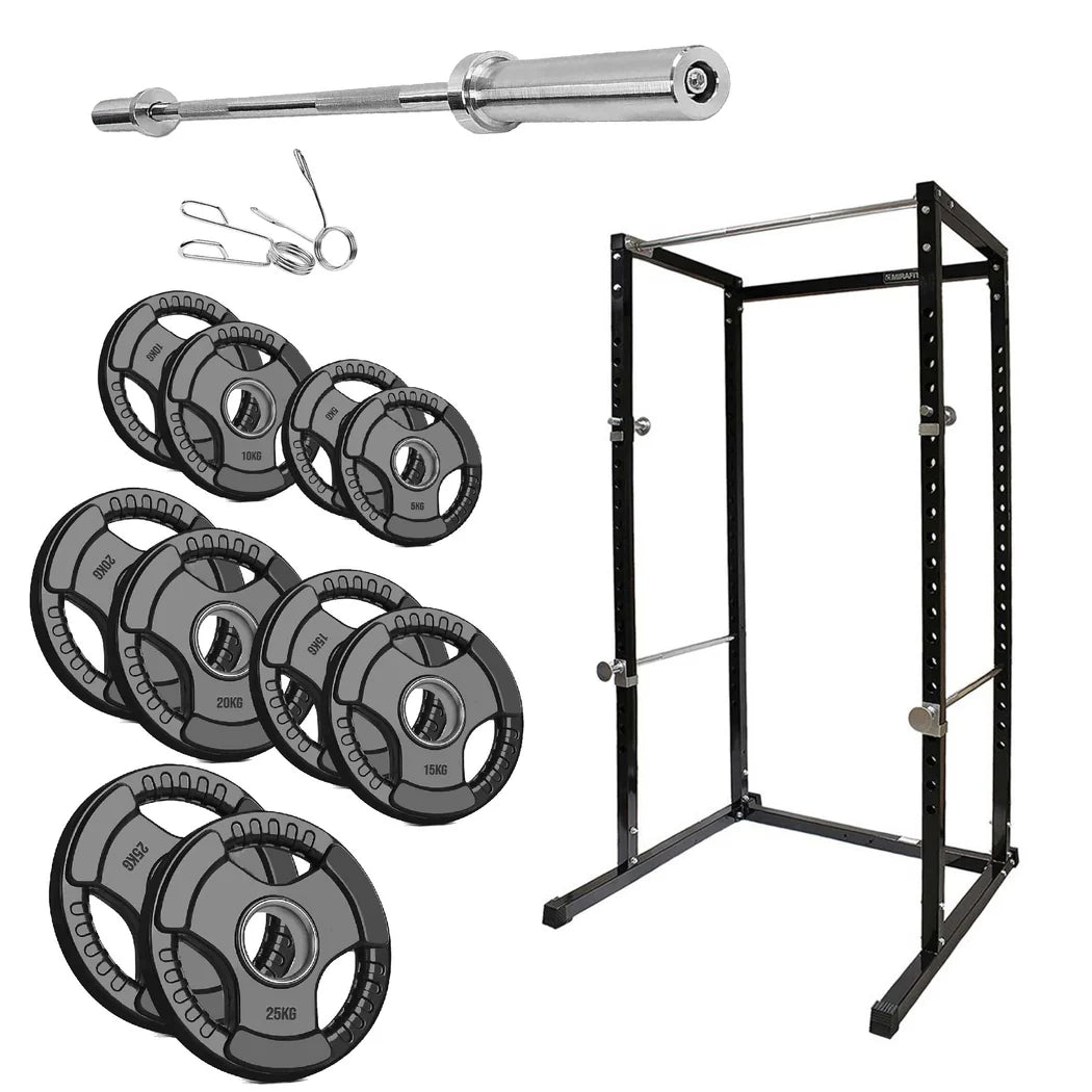 Weightlifting set with barbell, weight plates, and power rack on a white background