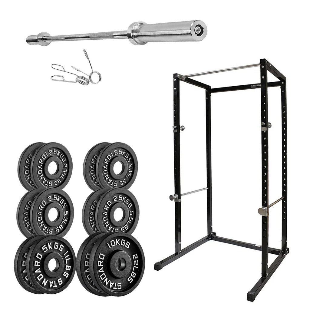 Weightlifting set with barbell, weight plates, and power rack on a white background