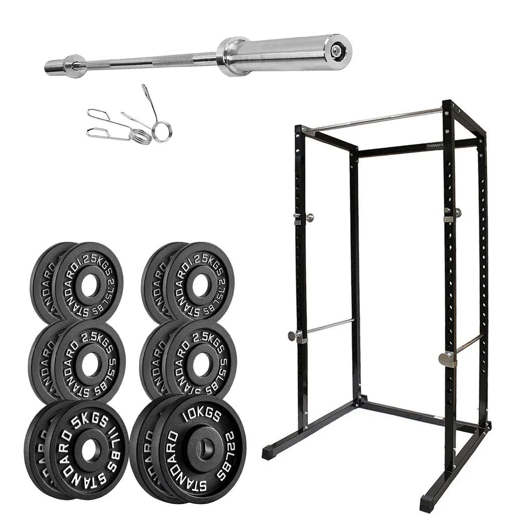 Weightlifting set with barbell, weight plates, and power rack on a white background
