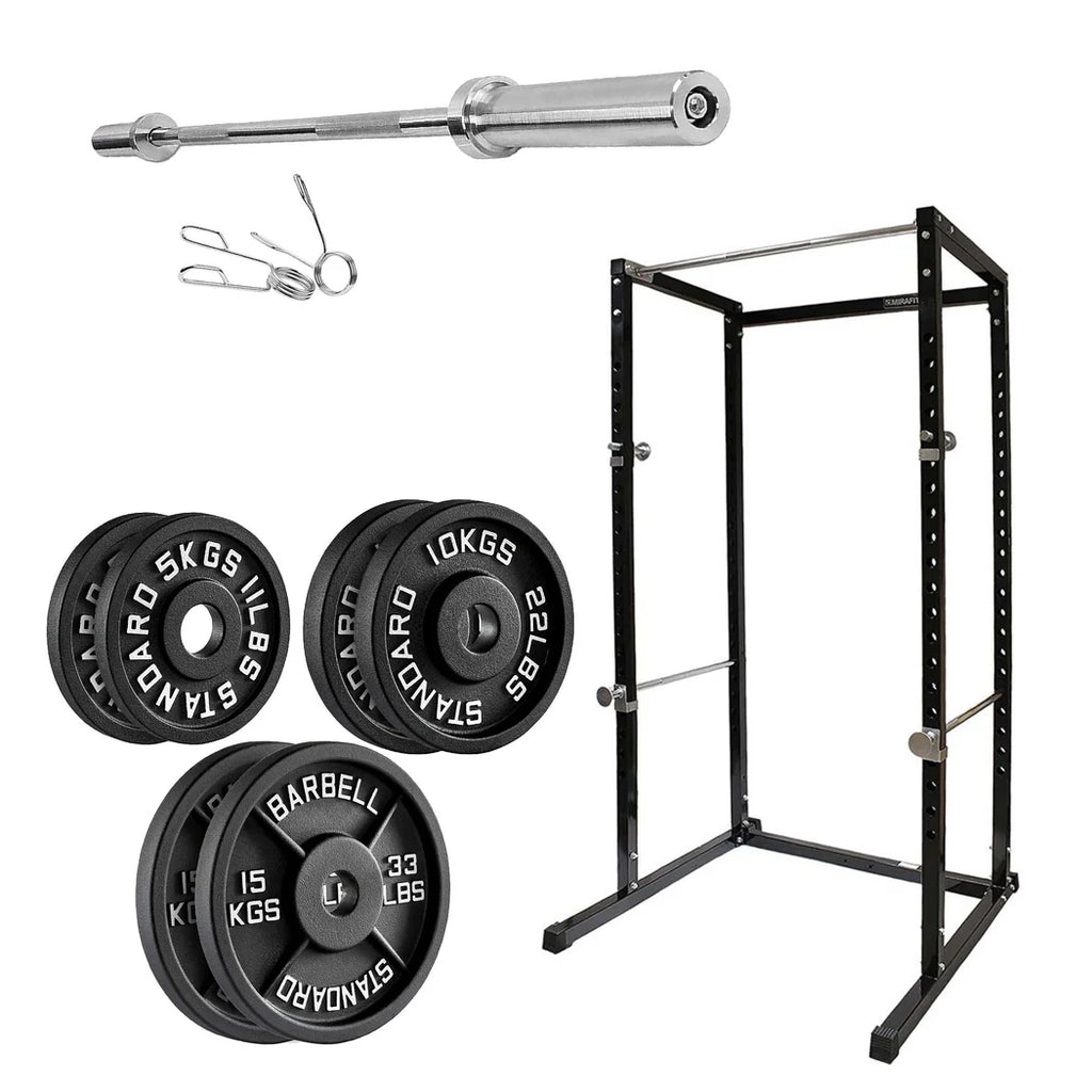 Gym equipment set including a barbell, weight plates, and a power rack on a white background.