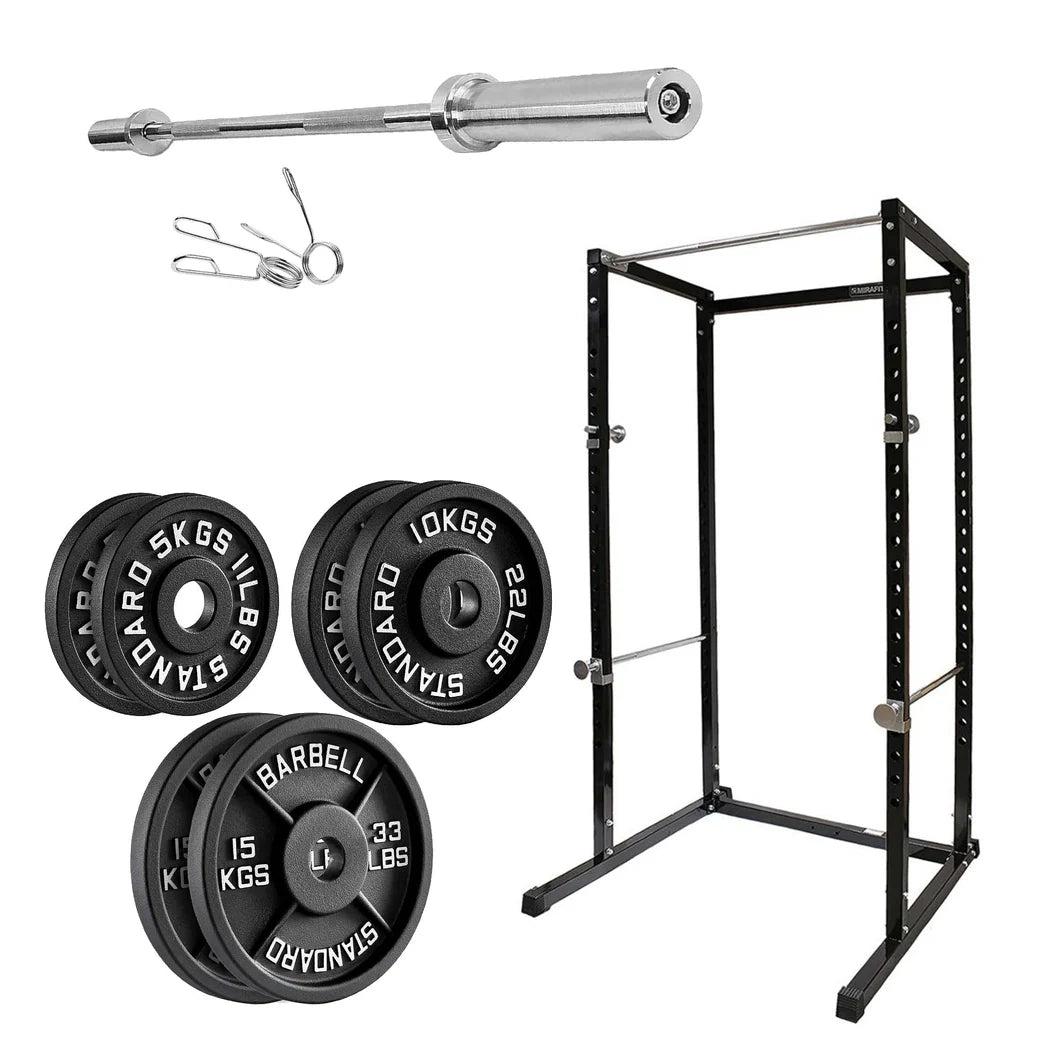 Gym equipment set including a barbell, weight plates, and a power rack on a white background.