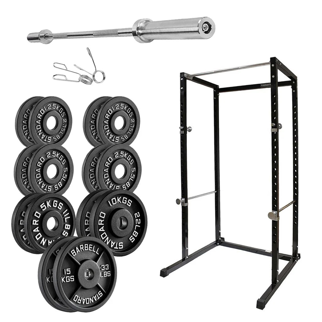 Set of weight plates, barbell, and power rack on a white background