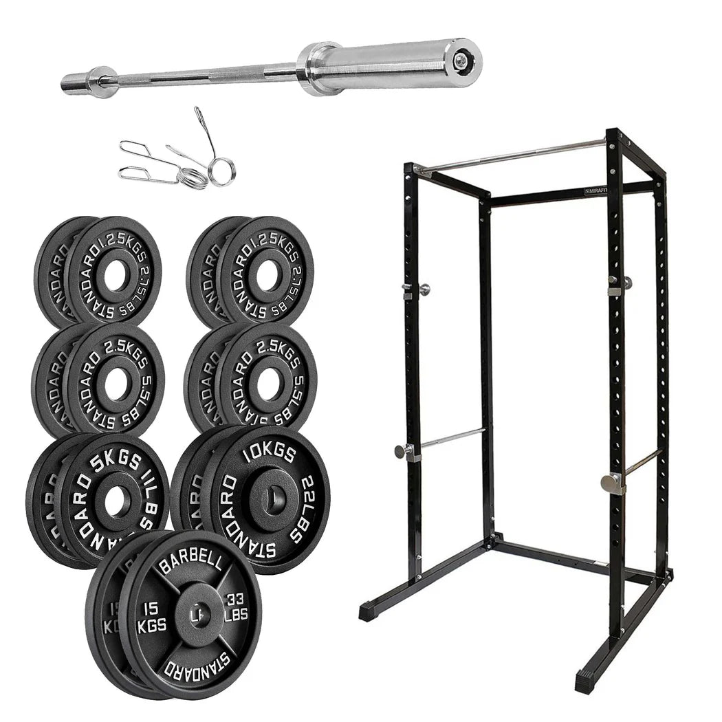 Set of weight plates, barbell, and power rack on a white background