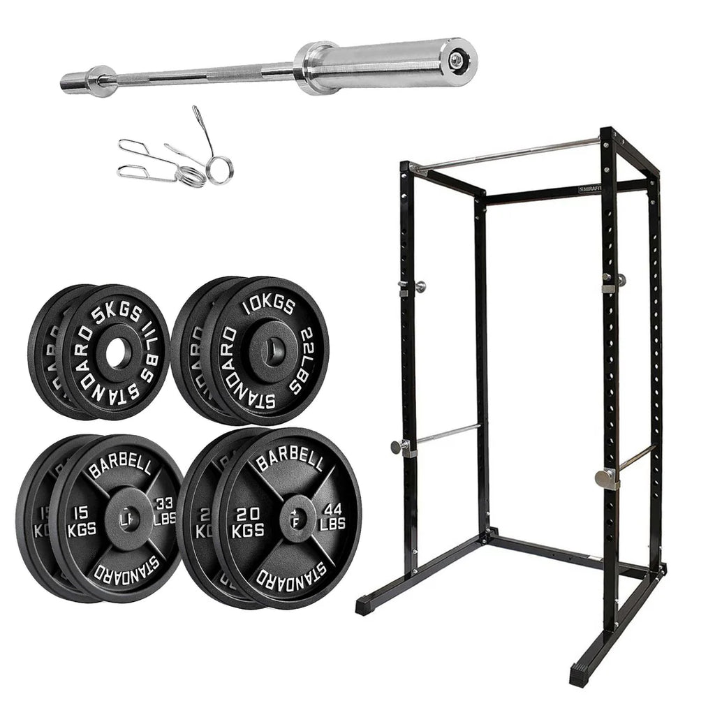 Gym equipment set including a barbell, weight plates, and a power rack on a white background.