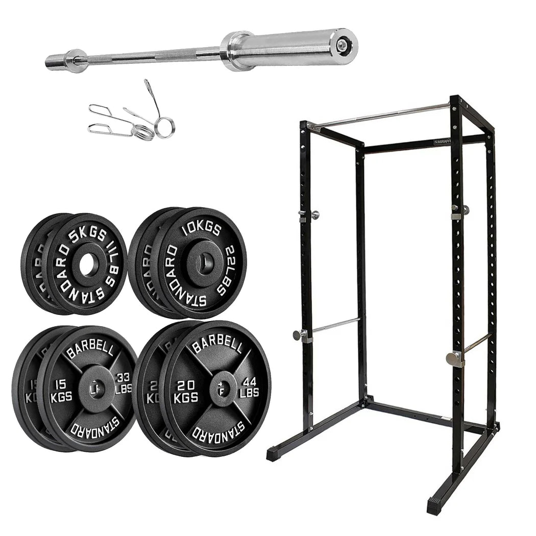 Gym equipment set including a barbell, weight plates, and a power rack on a white background.