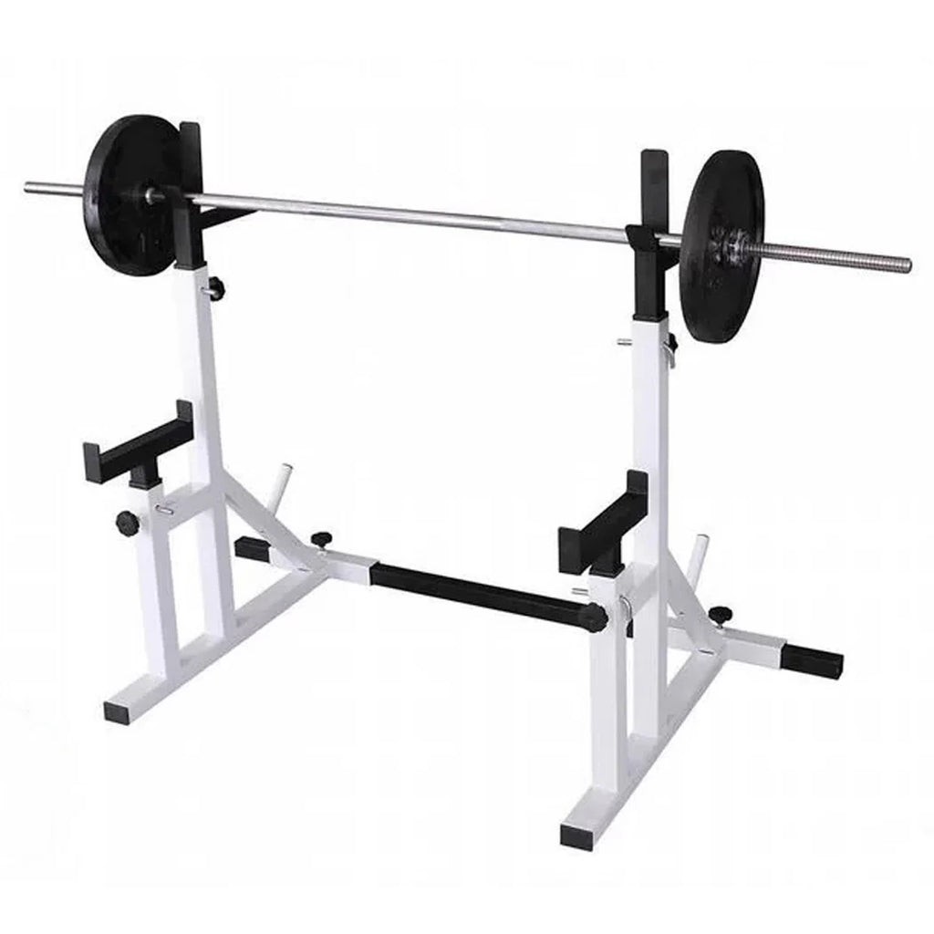 White weight rack with barbell on a white background
