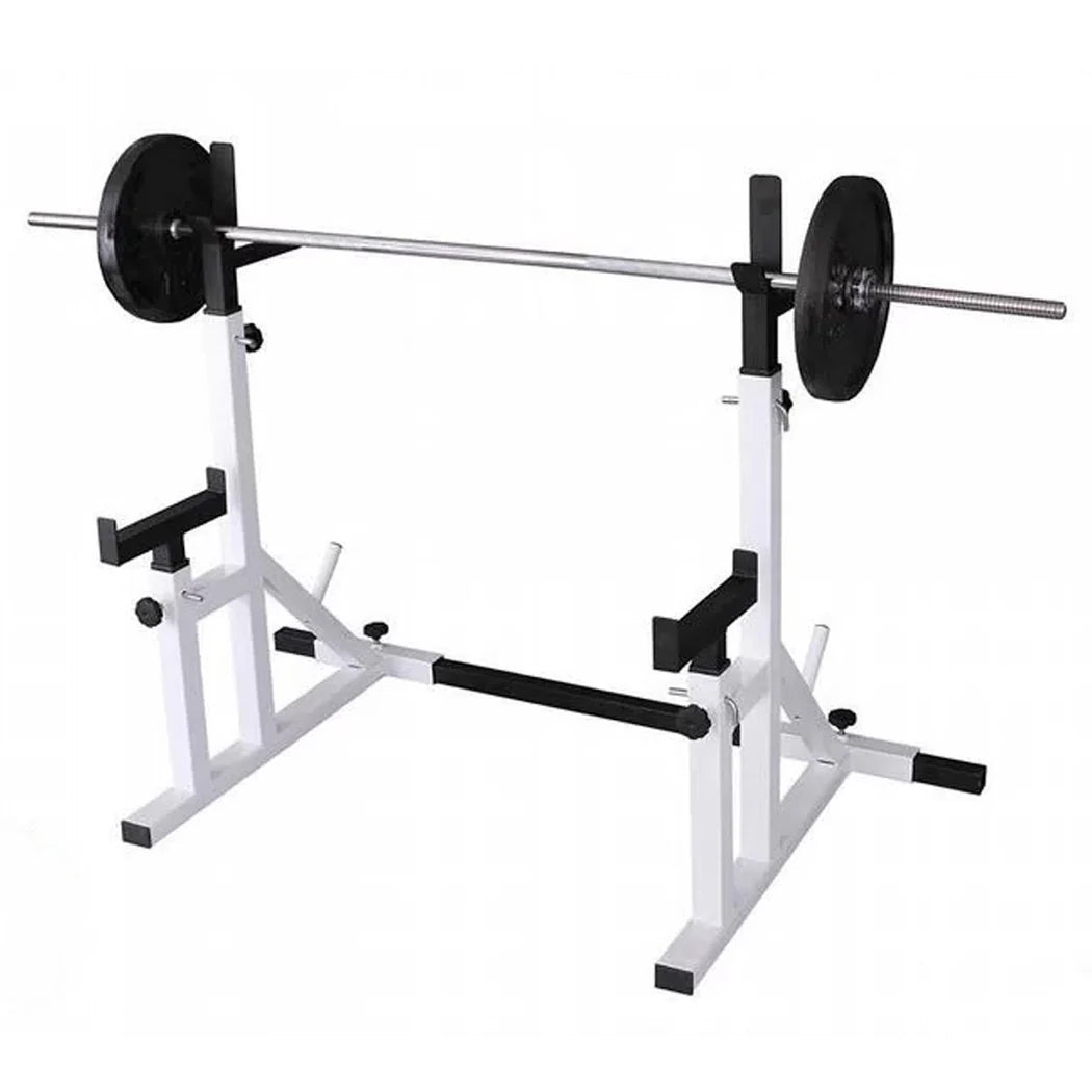 White weight rack with barbell on a white background
