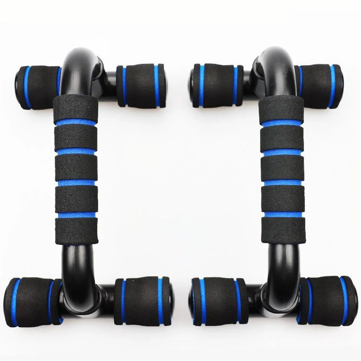 Pair of black and blue hand grippers on a white background