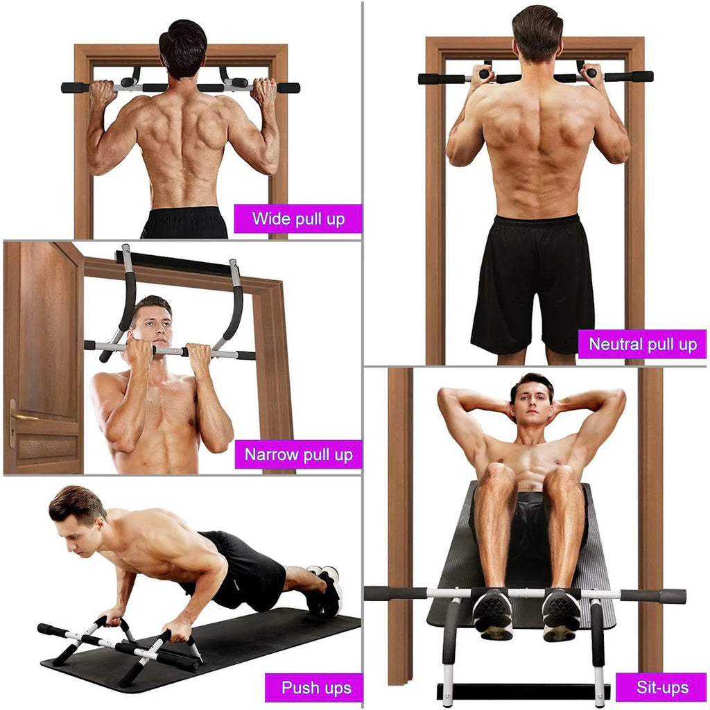 Man using a pull-up bar and weight bench set with various exercises demonstrated.