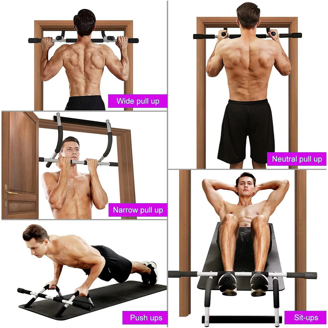 Man using a pull-up bar and weight bench set with various exercises demonstrated.