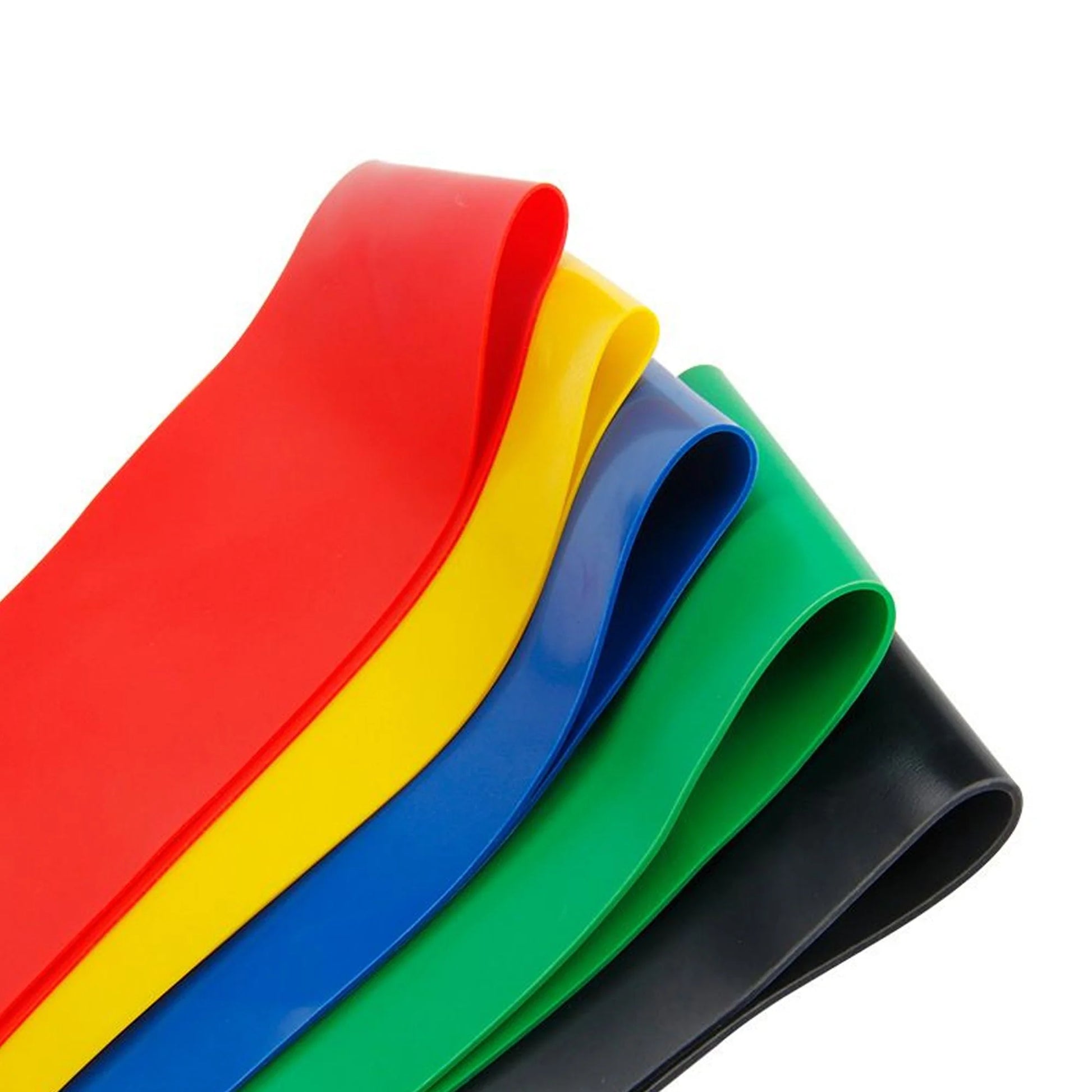 Set of colorful resistance bands in red, yellow, blue, green, and black on a white background.