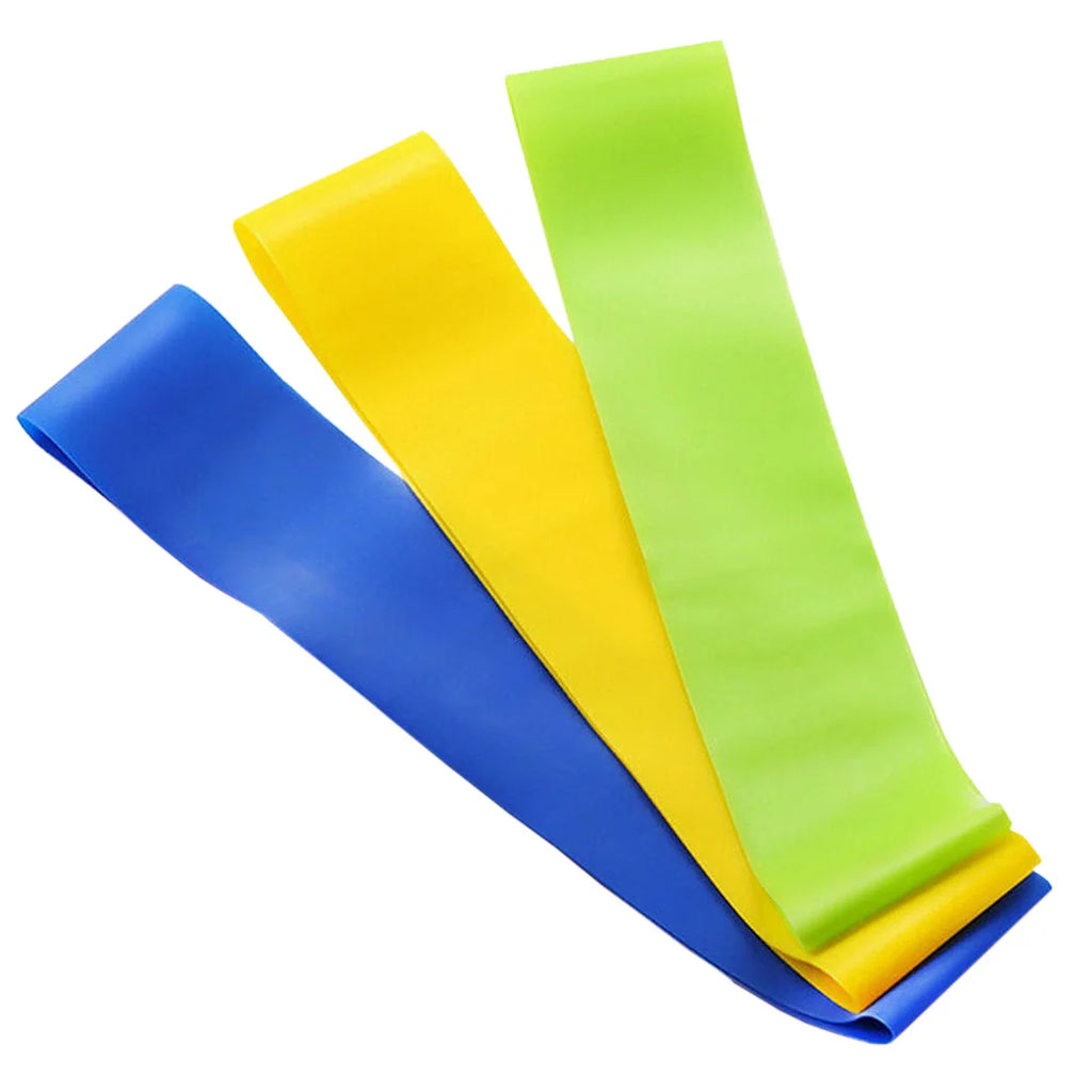 Three resistance bands in blue, yellow, and green on a white background