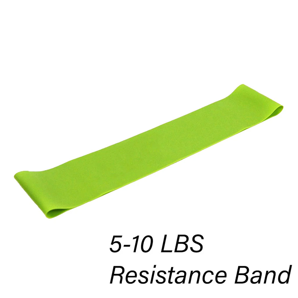 Green resistance band with 5-10 LBS label on a white background