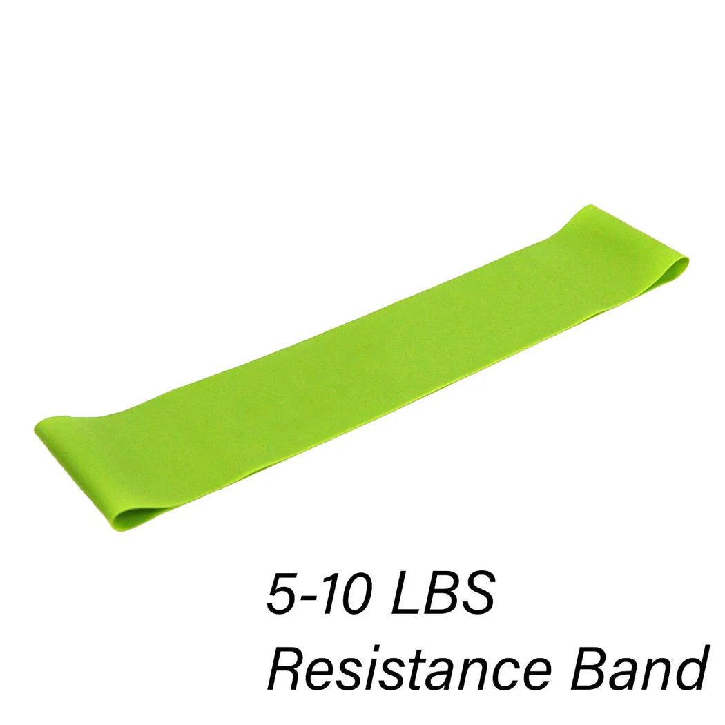 Green resistance band with 5-10 LBS label on a white background