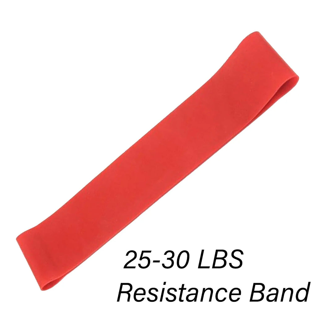 Red resistance band with weight capacity text on a white background