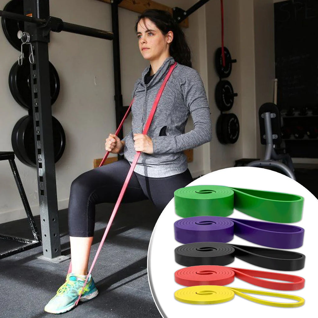 Woman exercising with resistance bands in a gym setting, inset showing various resistance bands.