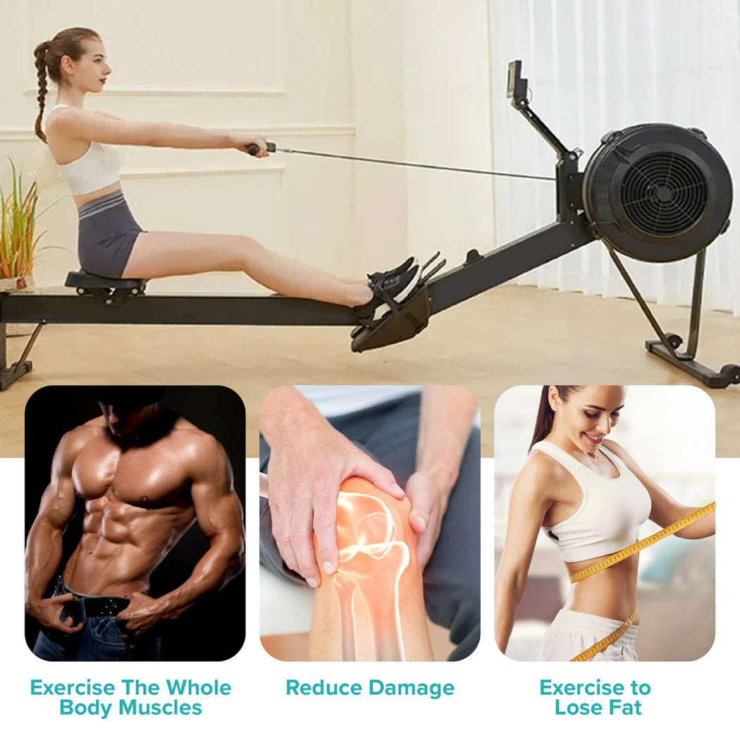 Woman using a rowing machine with fitness benefits illustrated below.