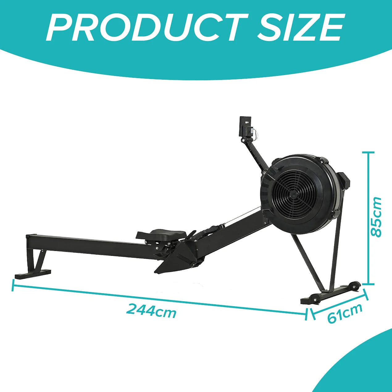 Rowing machine with dimensions labeled on a white background