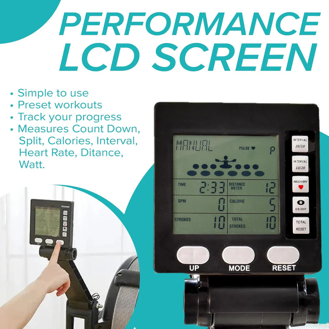 Digital display on a rowing machine with text highlighting features