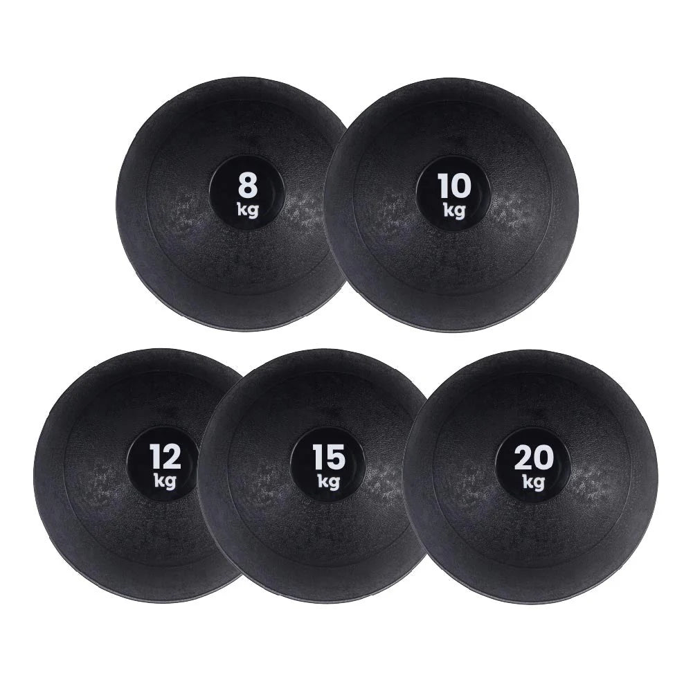 Set of five black slam balls with weight markings on a white background
