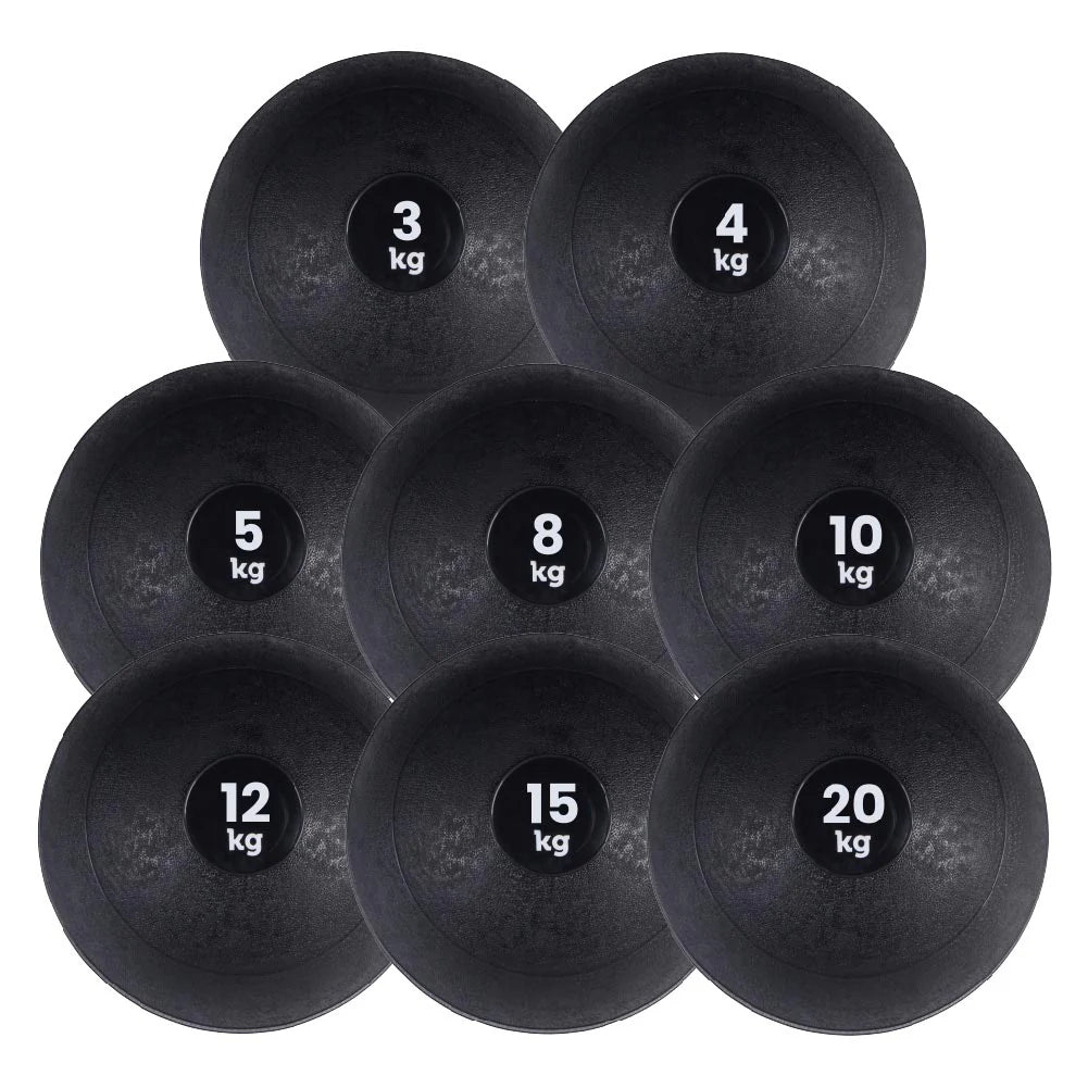 Set of black weight plates with labeled weights on a white background