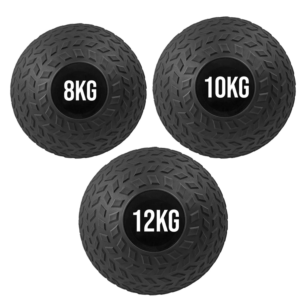 Three black textured exercise balls with weight labels on a white background