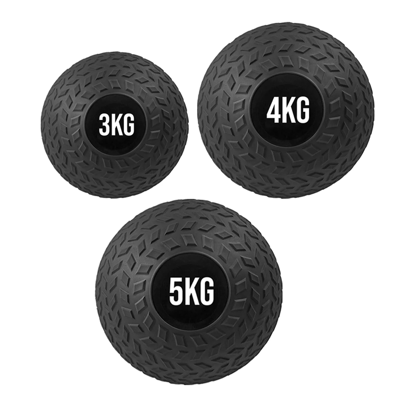 Three black weighted balls with labeled weights on a white background
