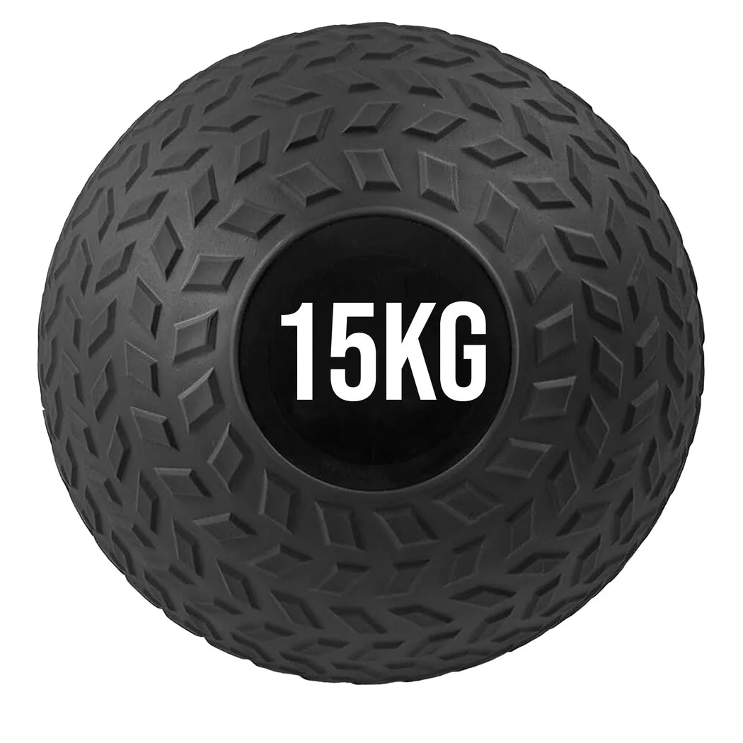 Black weightlifting ball with '15KG' marking on a white background