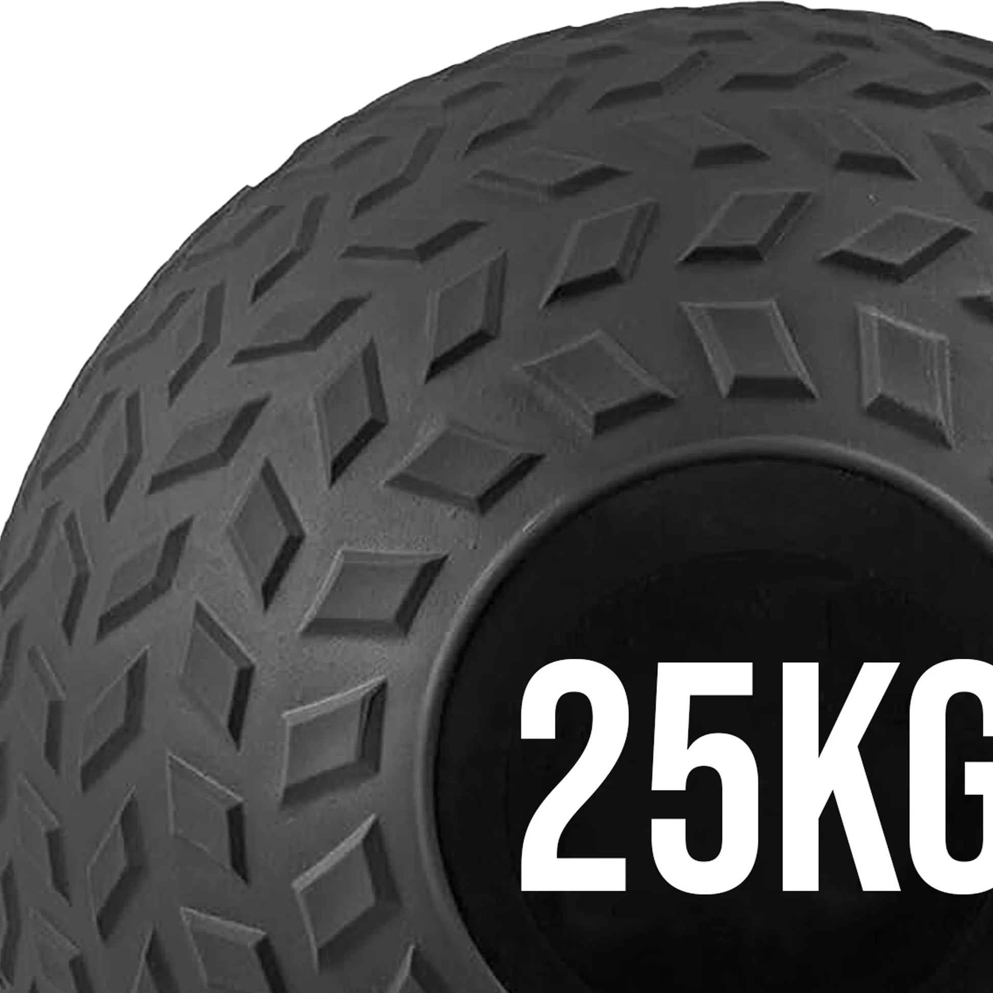 Black weightlifting ball with '25KG' marking on a white background