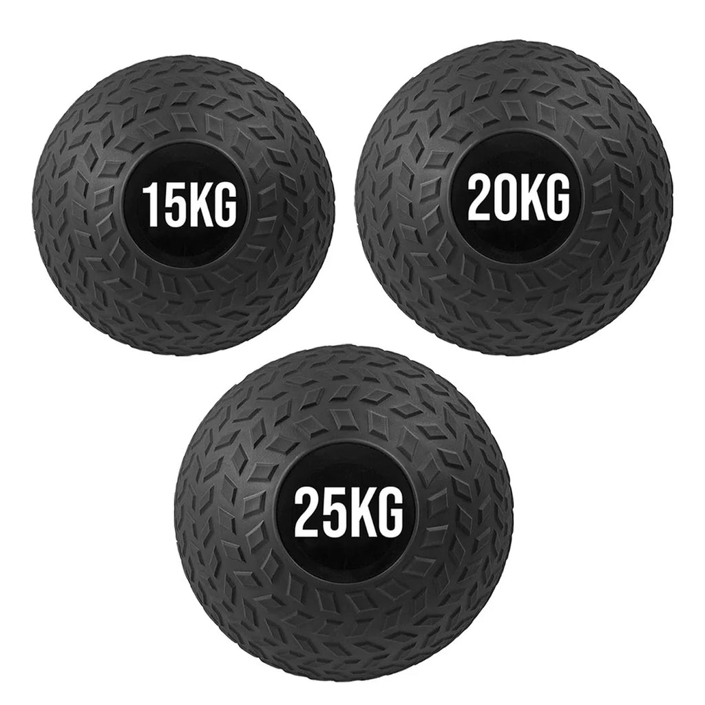 Three black textured exercise balls with weight labels on a white background