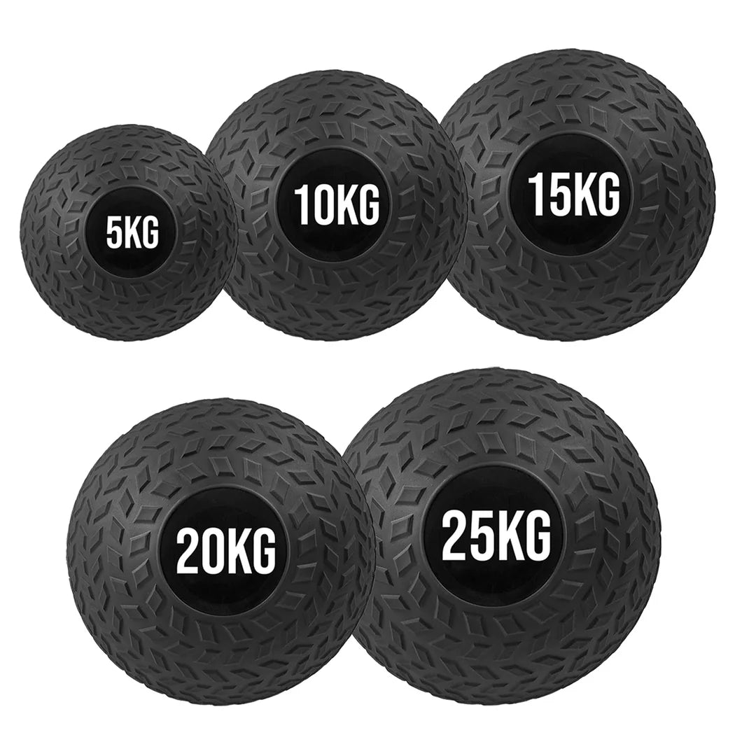 Set of five black weighted balls with labeled weights on a white background