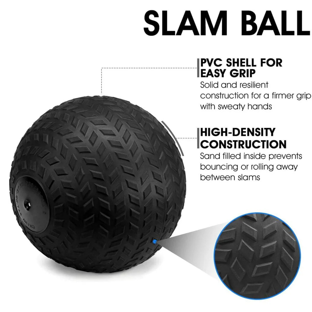 Black slam ball with text describing its features on a white background